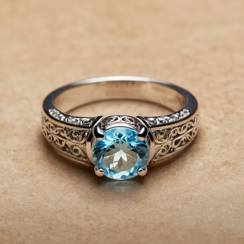 detailed photo of silver ring with light blue gem