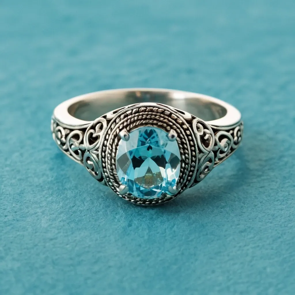 detailed photo of silver ring with light blue gem