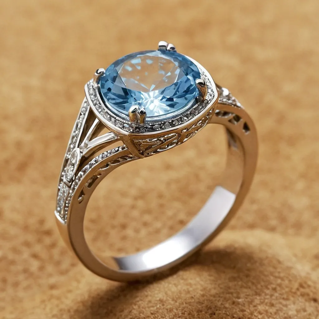 detailed photo of silver ring with light blue gem