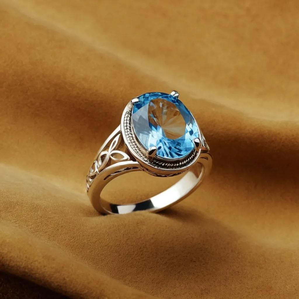 detailed photo of silver ring with light blue gem