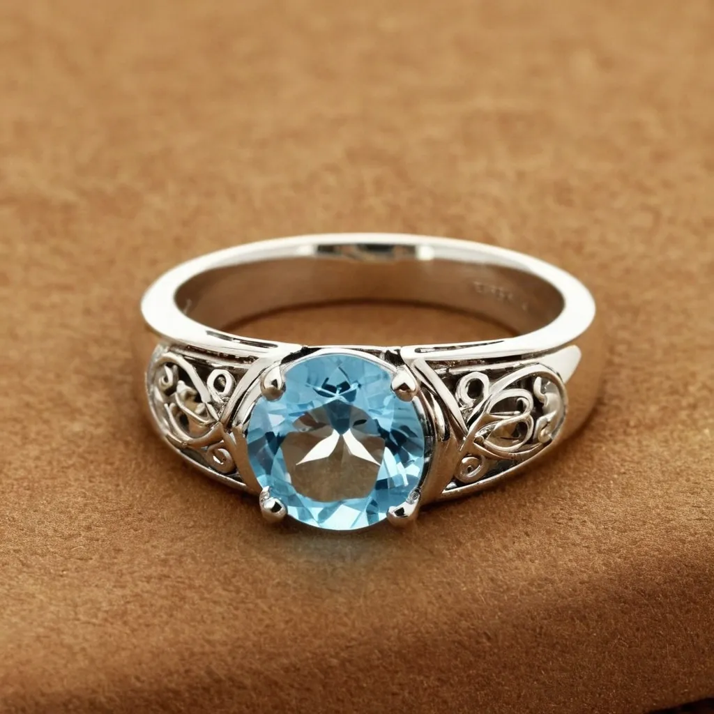 detailed photo of silver ring with light blue gem