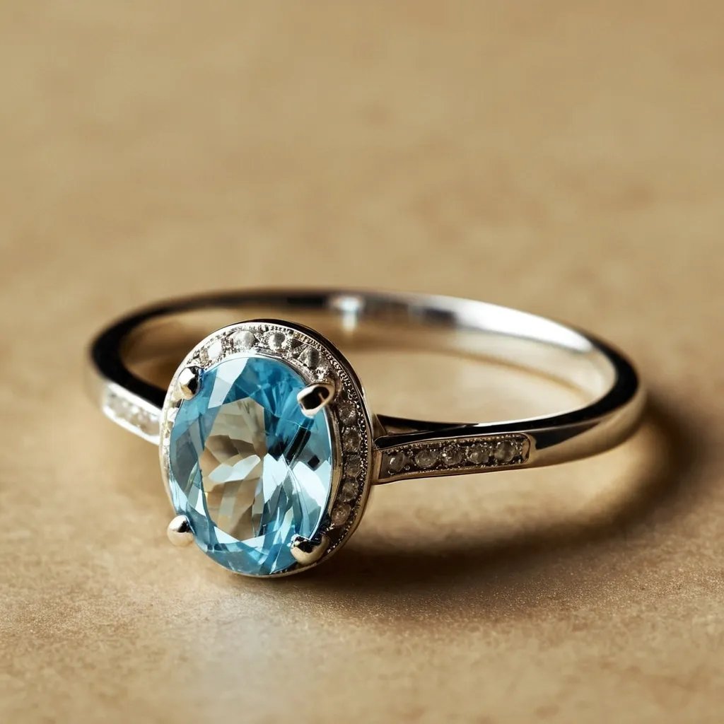 detailed photo of silver ring with light blue gem