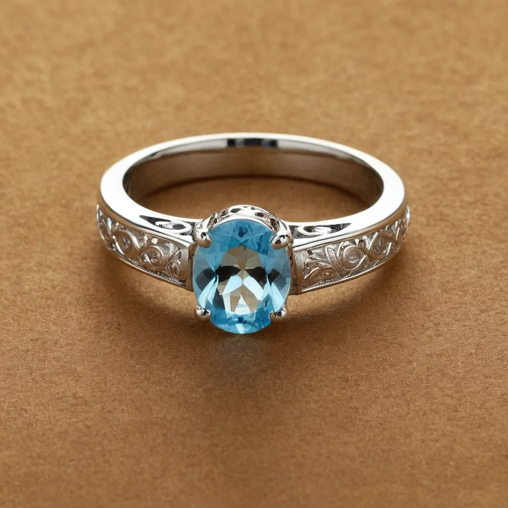 detailed photo of silver ring with light blue gem