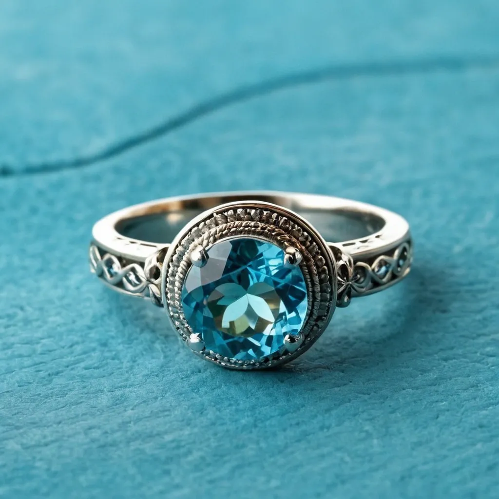 detailed photo of silver ring with light blue gem