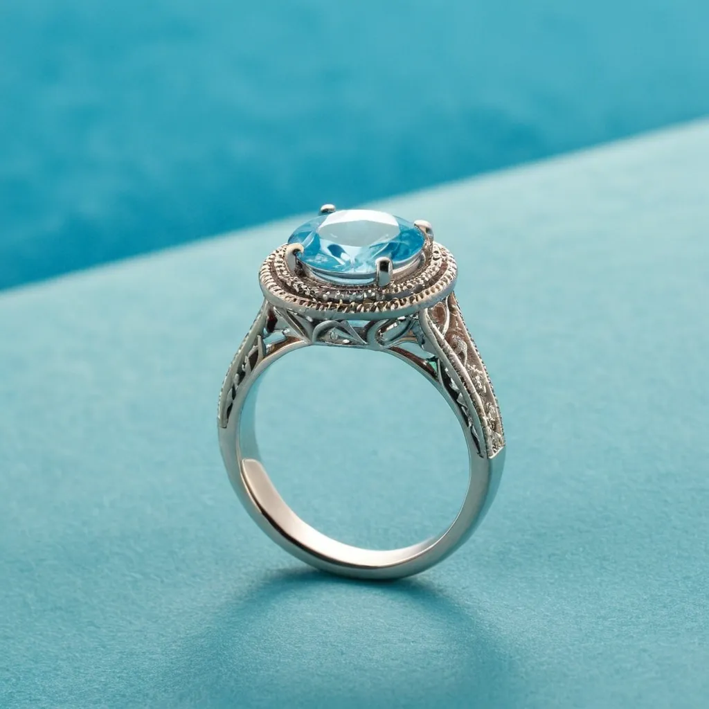 detailed photo of silver ring with light blue gem