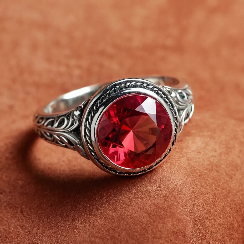 detailed photo of silver ring with light red gem