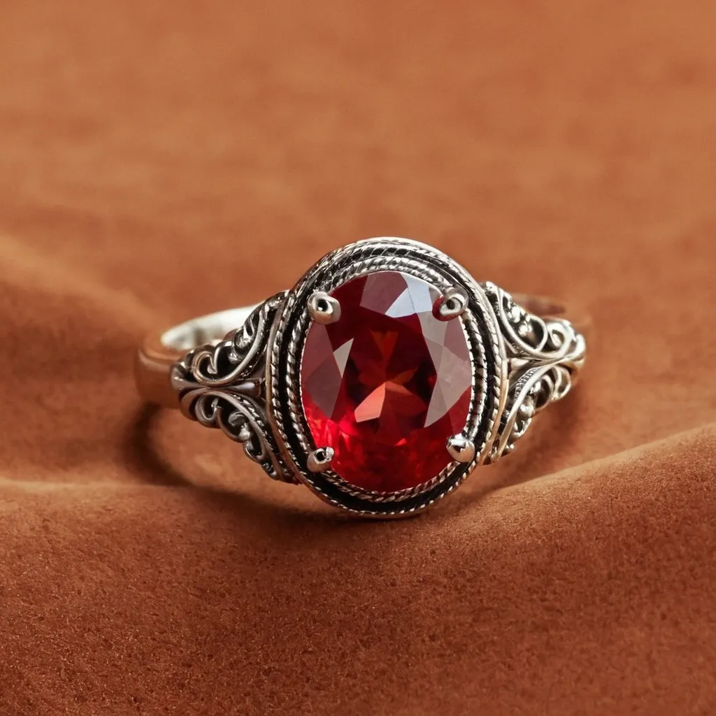 detailed photo of silver ring with light red gem