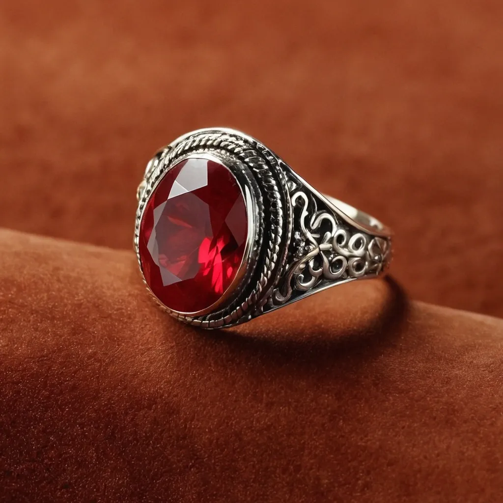 detailed photo of silver ring with light red gem