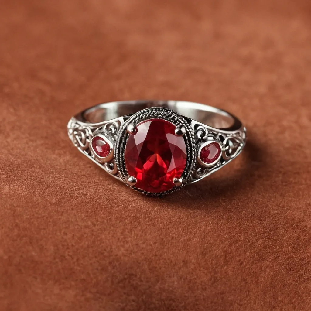 detailed photo of silver ring with light red gem