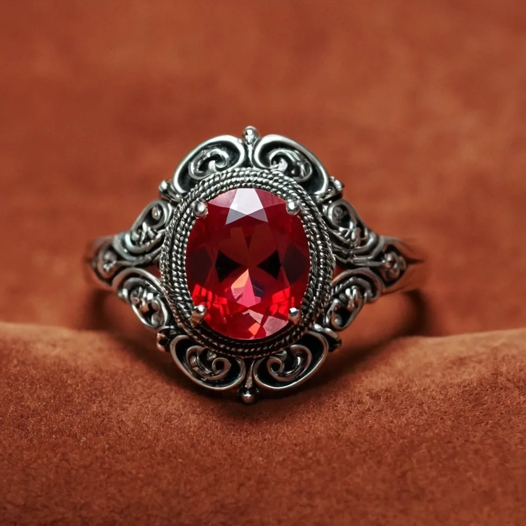 detailed photo of silver ring with light red gem