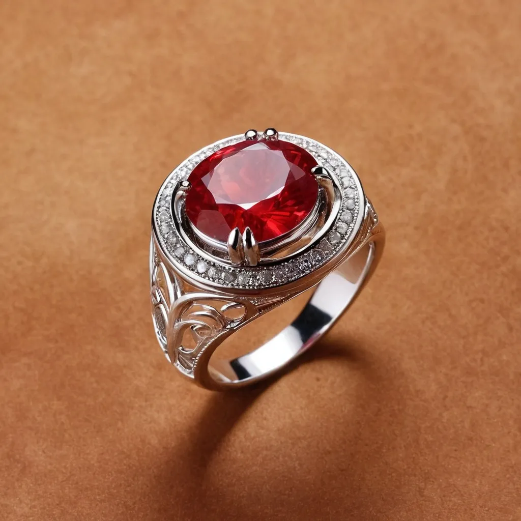 detailed photo of silver ring with light red gem