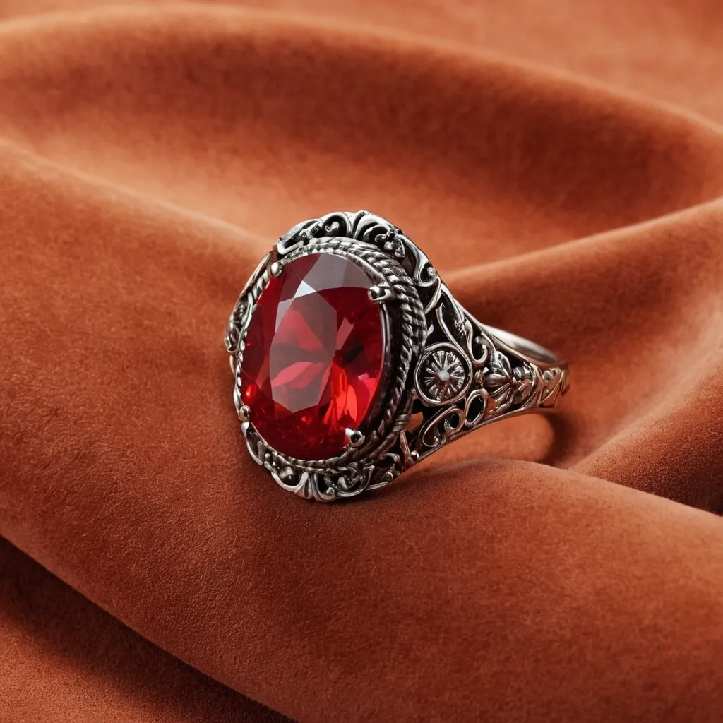 detailed photo of silver ring with light red gem