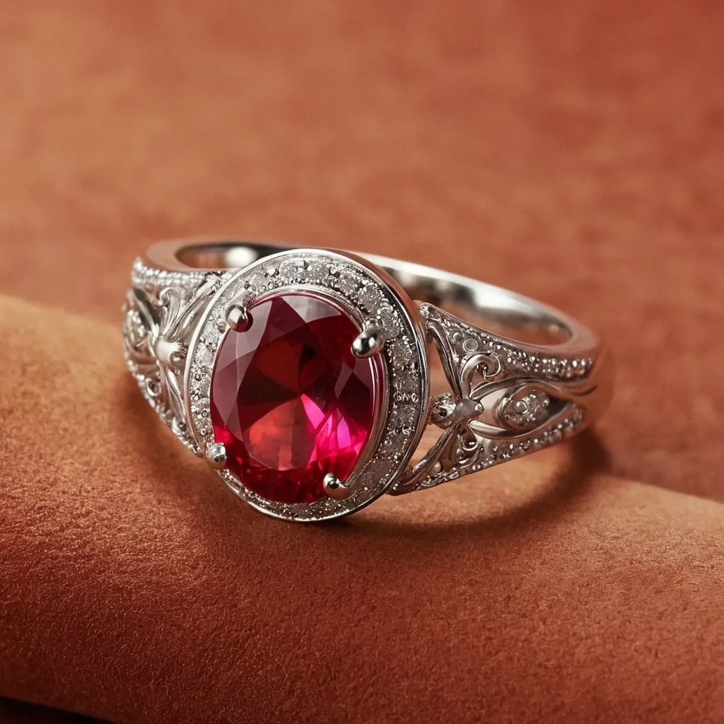 detailed photo of silver ring with light red gem
