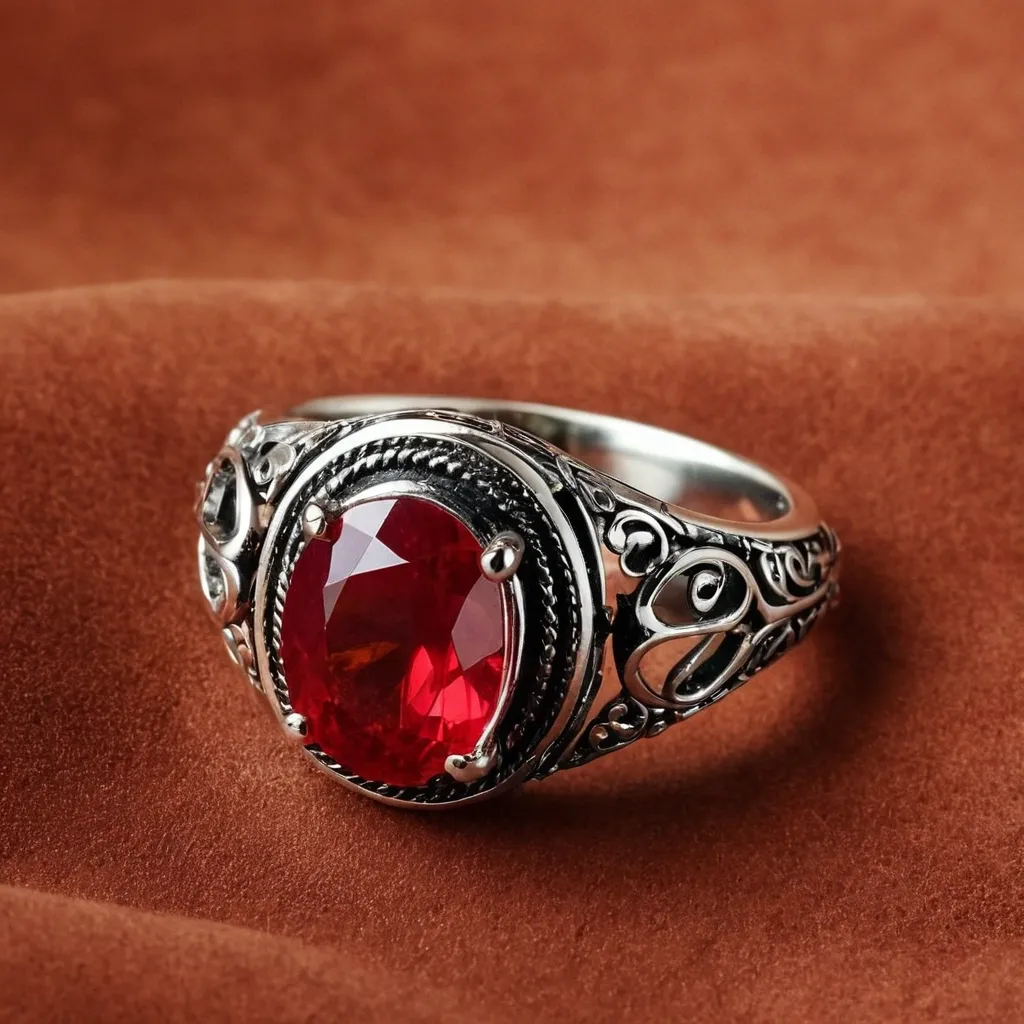 detailed photo of silver ring with light red gem