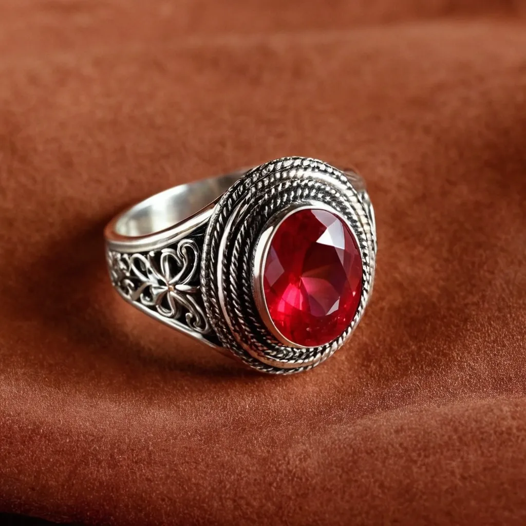 detailed photo of silver ring with light red gem