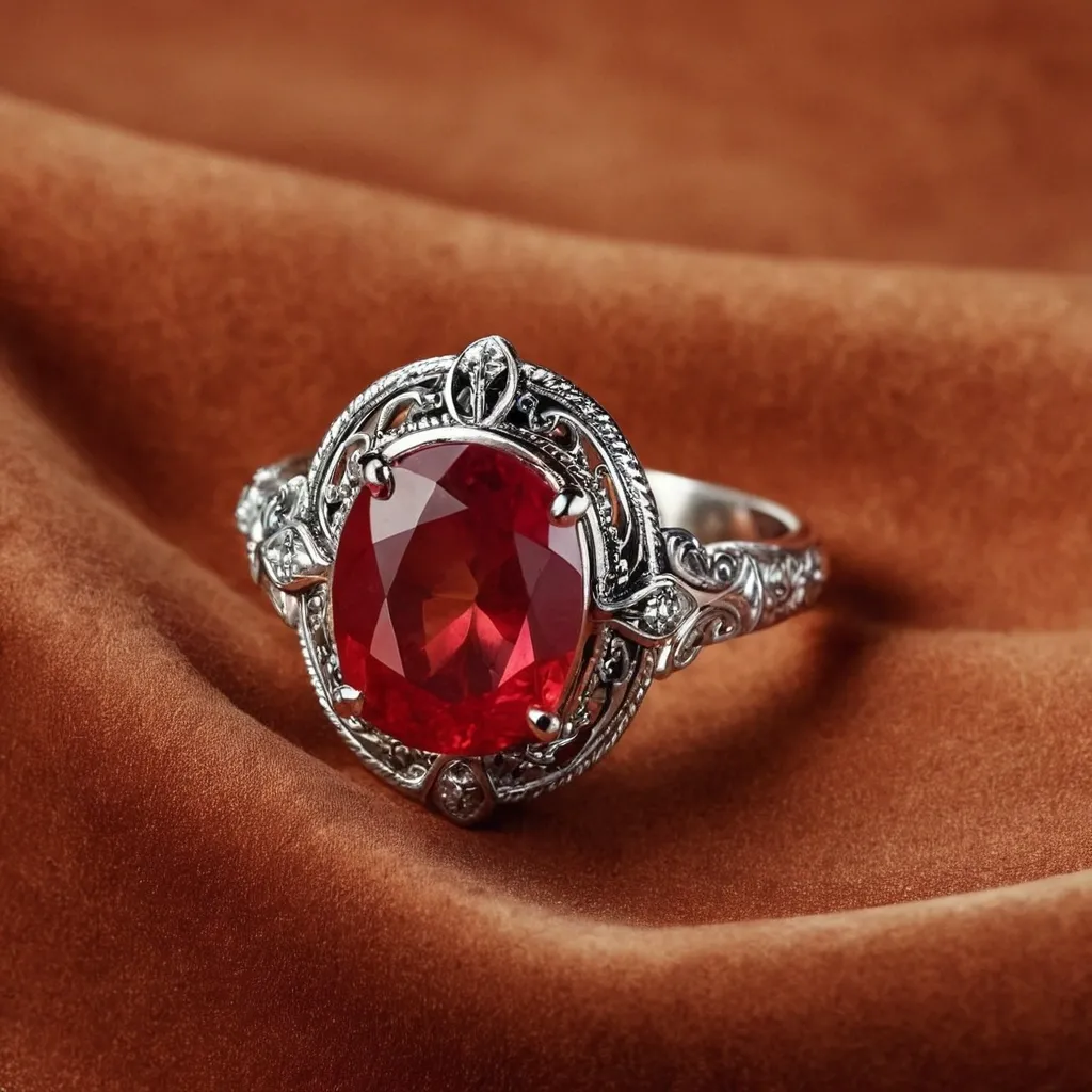 detailed photo of silver ring with light red gem