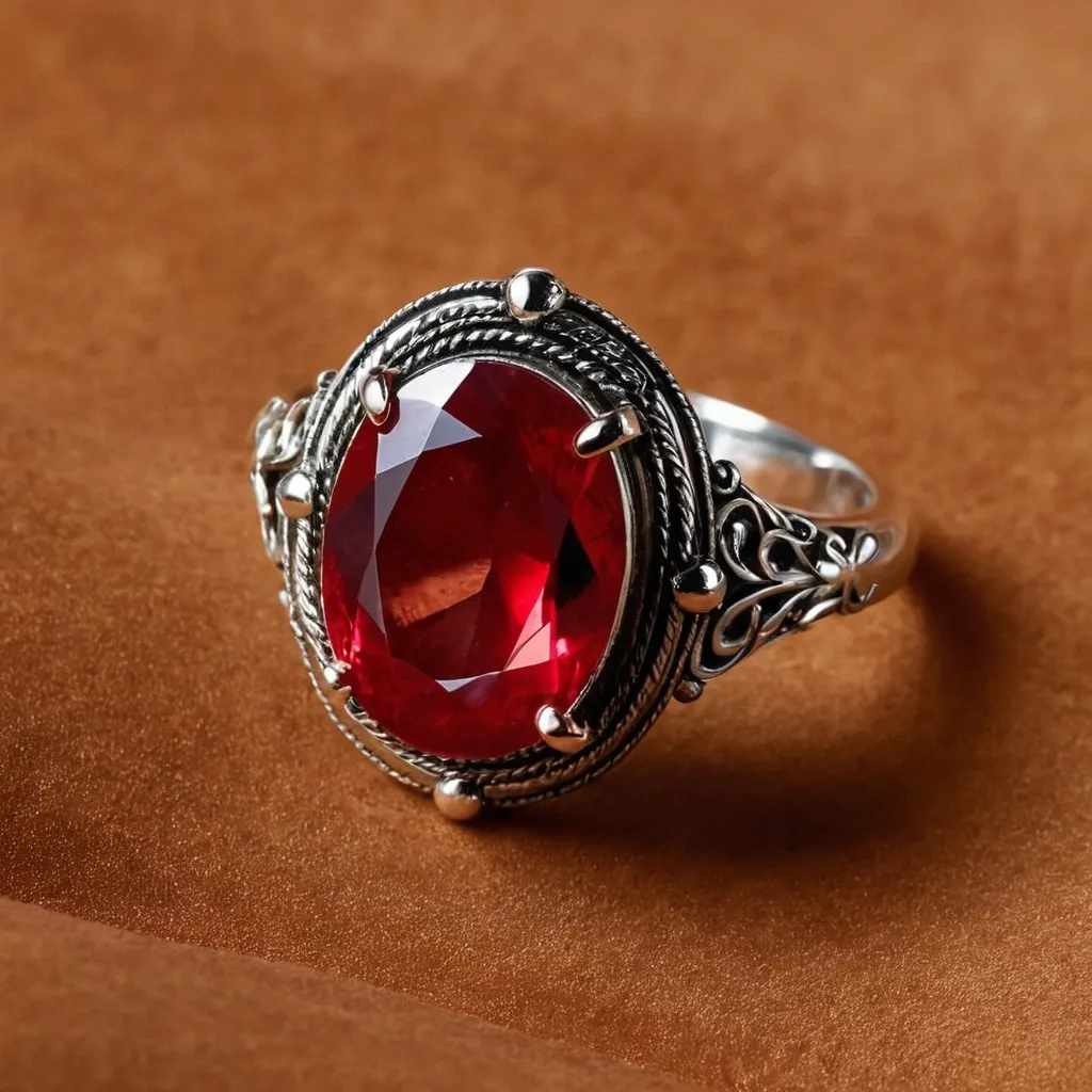 detailed photo of silver ring with light red gem