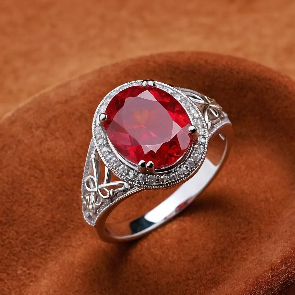 detailed photo of silver ring with light red gem
