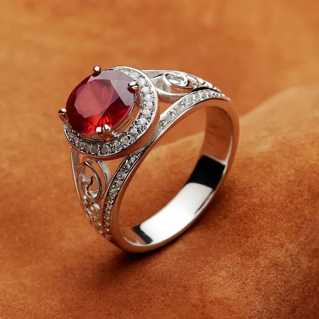detailed photo of silver ring with light red gem