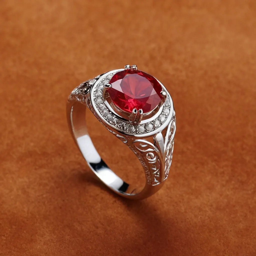 detailed photo of silver ring with light red gem