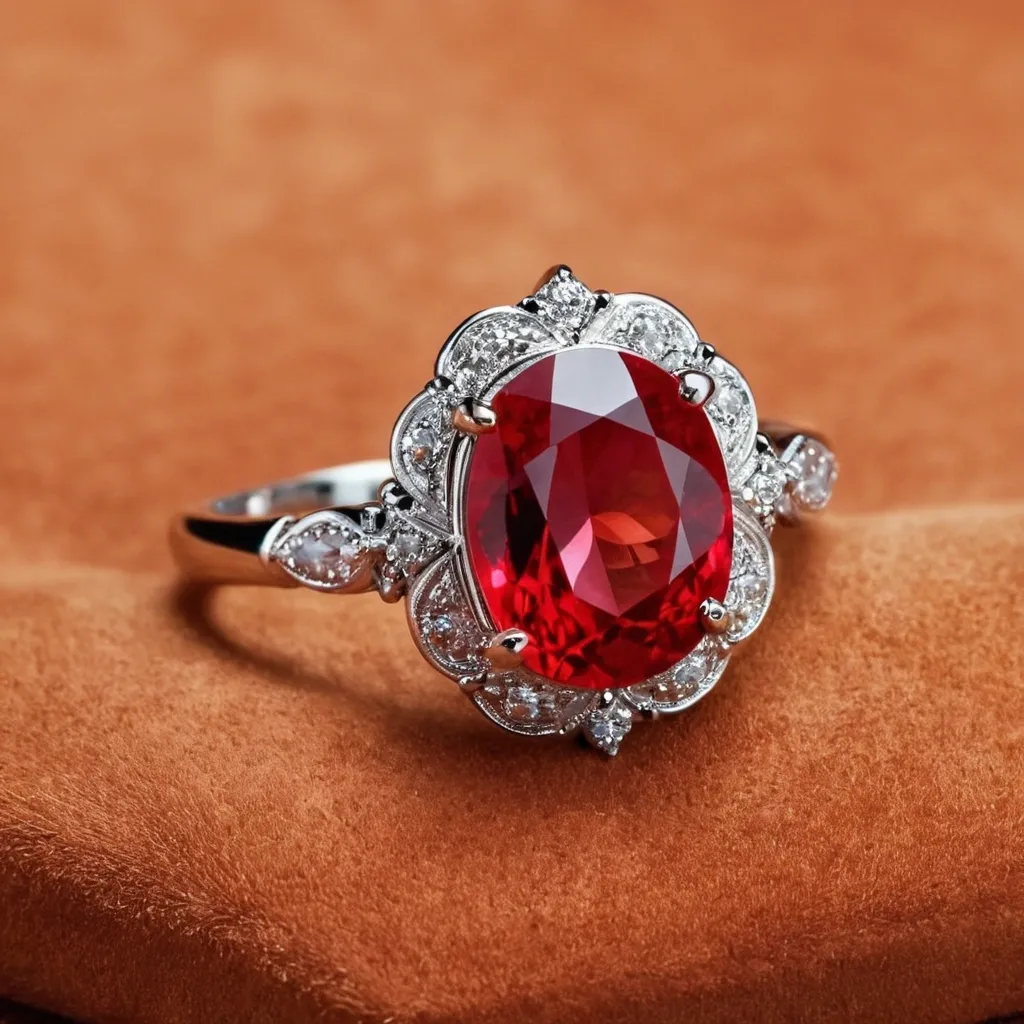 detailed photo of silver ring with light red gem