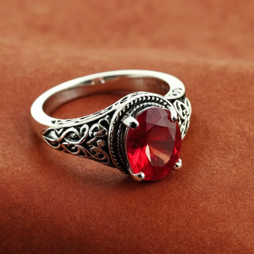 detailed photo of silver ring with light red gem