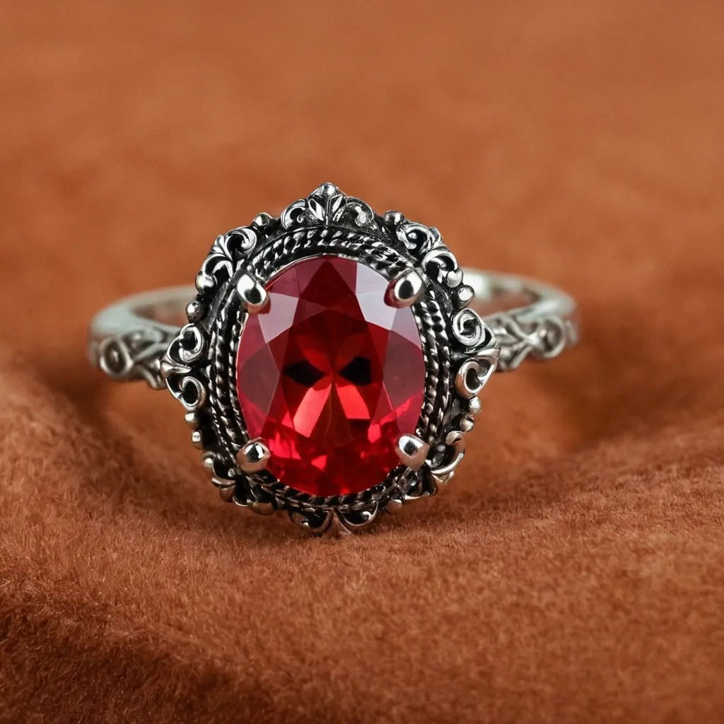 detailed photo of silver ring with light red gem
