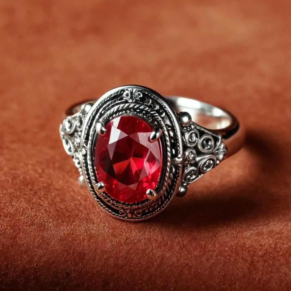 detailed photo of silver ring with light red gem