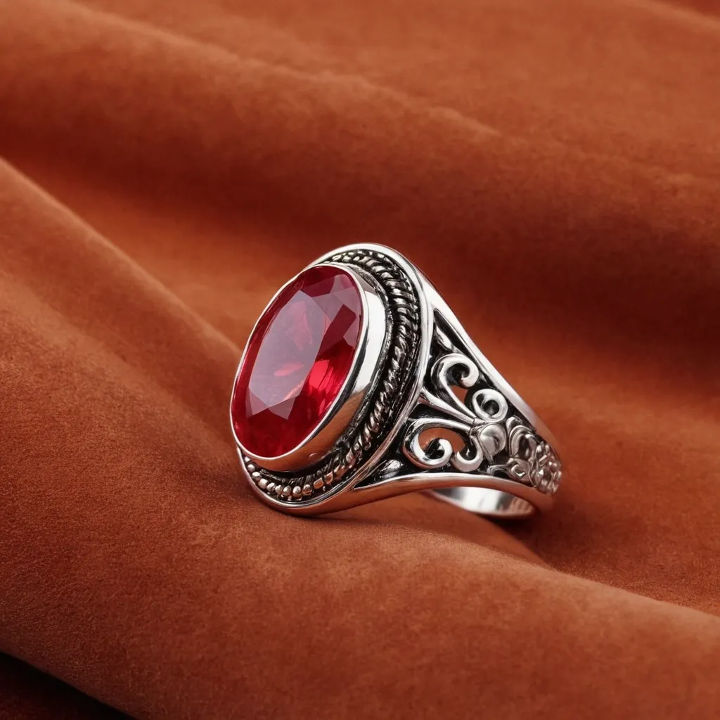 detailed photo of silver ring with light red gem