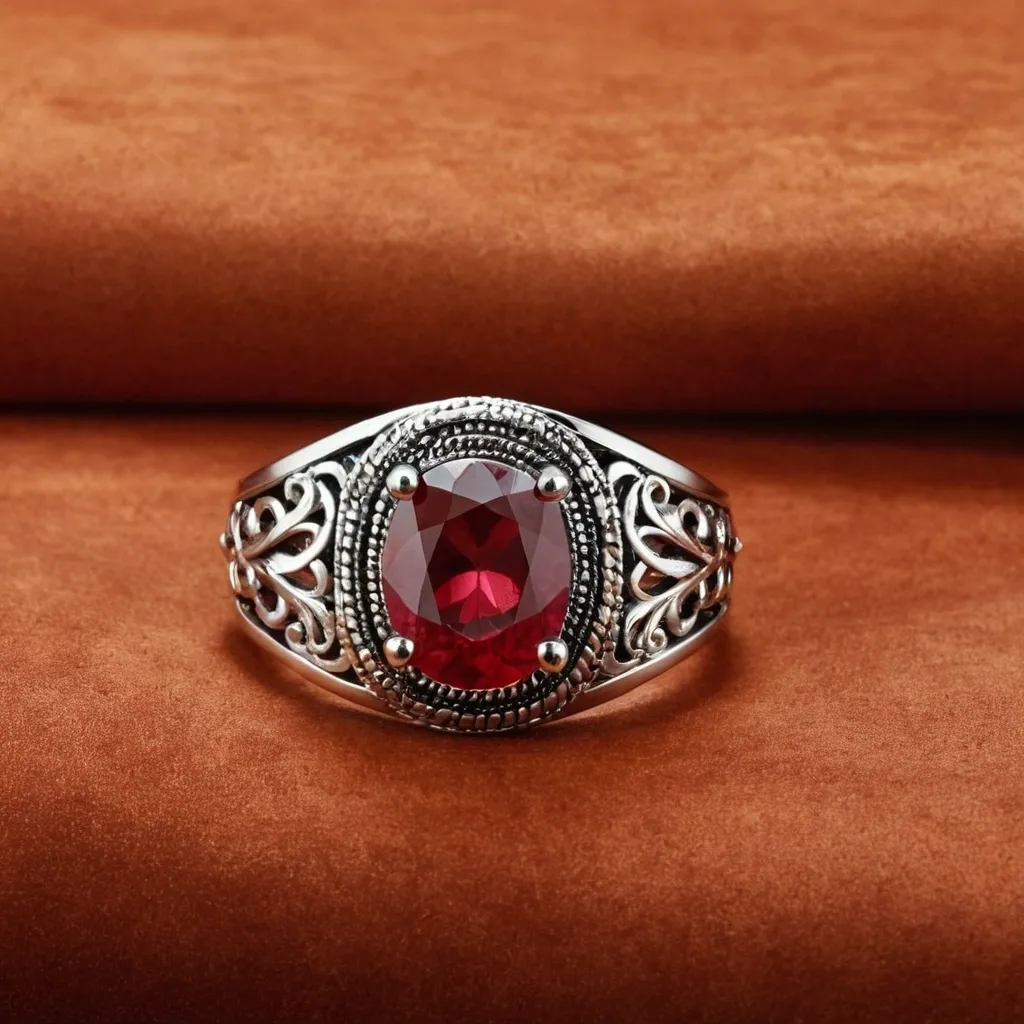 detailed photo of silver ring with light red gem