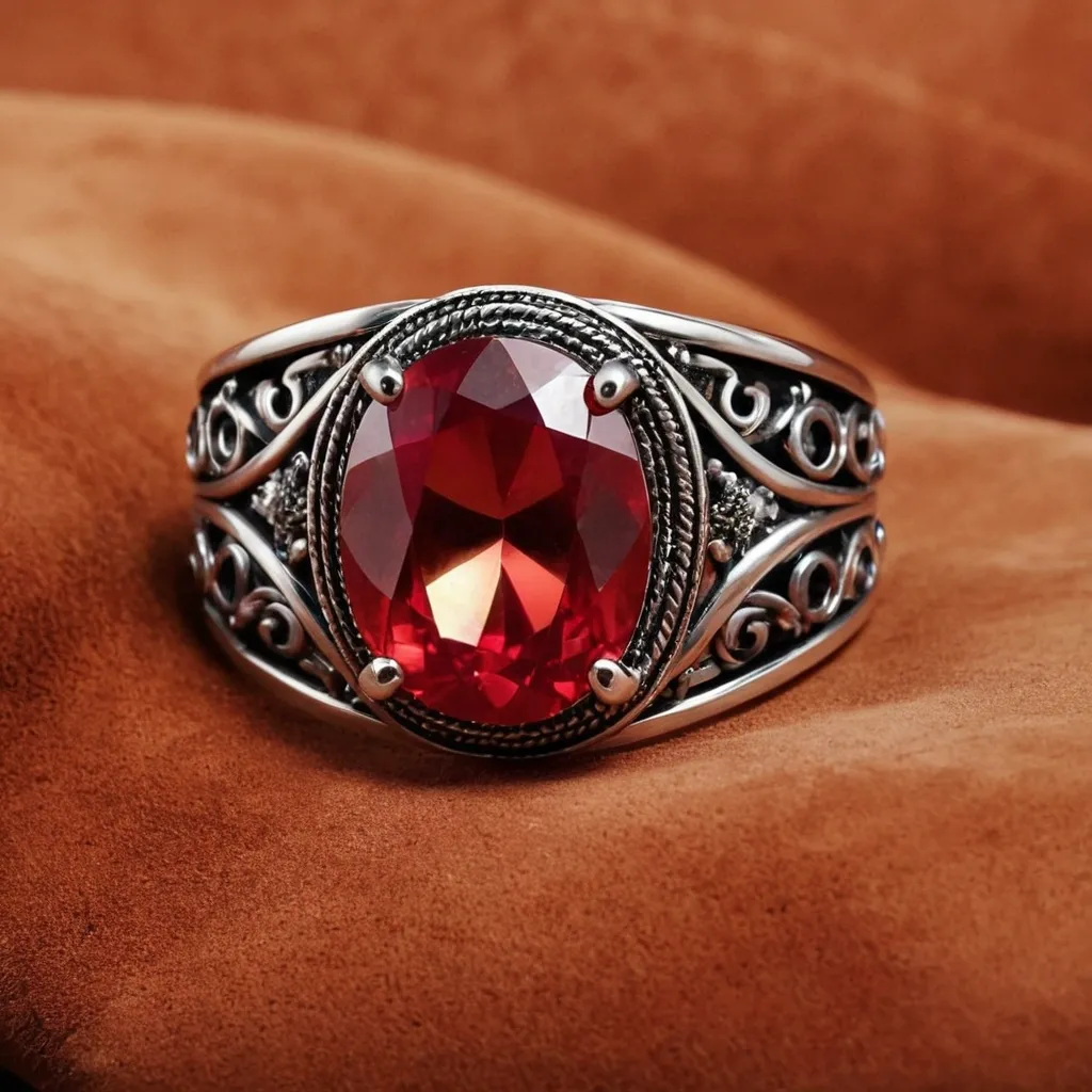 detailed photo of silver ring with light red gem