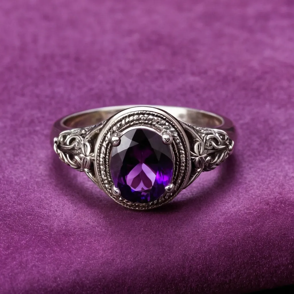 detailed photo of silver ring with purple gem