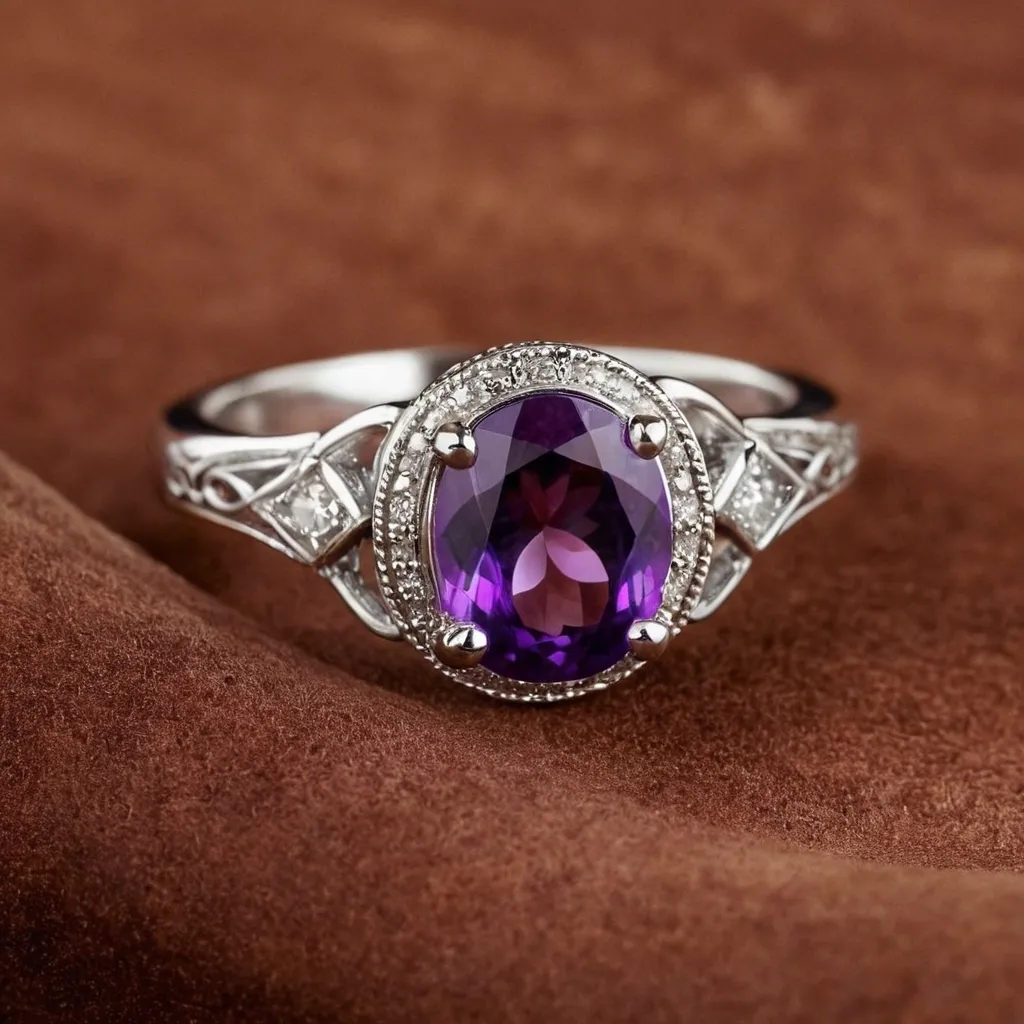 detailed photo of silver ring with purple gem