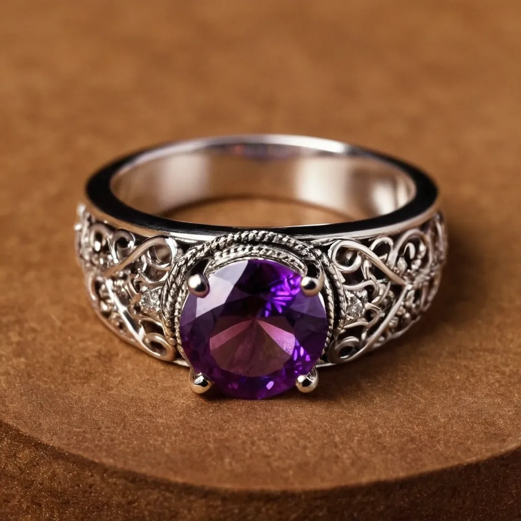 detailed photo of silver ring with purple gem