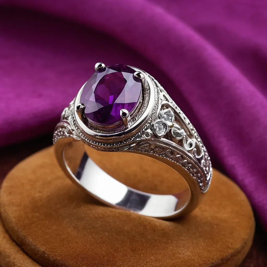 detailed photo of silver ring with purple gem