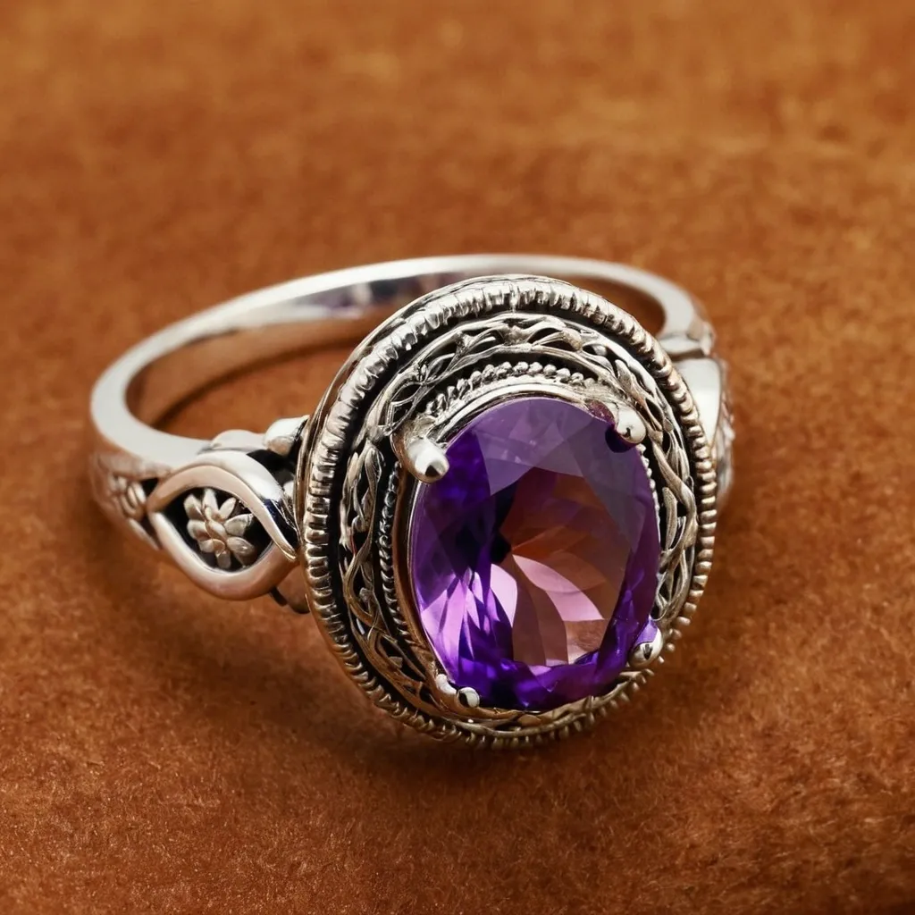 detailed photo of silver ring with purple gem