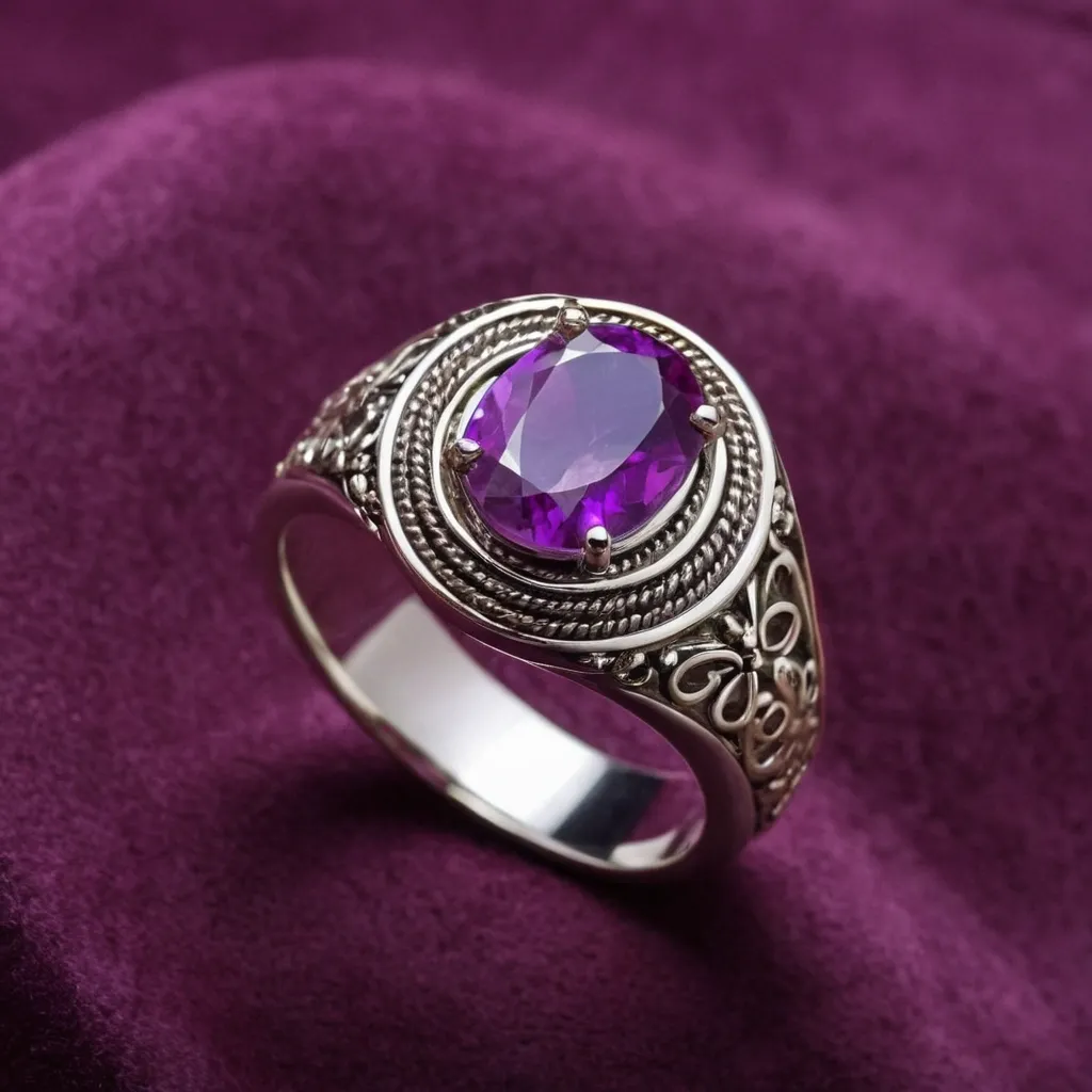 detailed photo of silver ring with purple gem