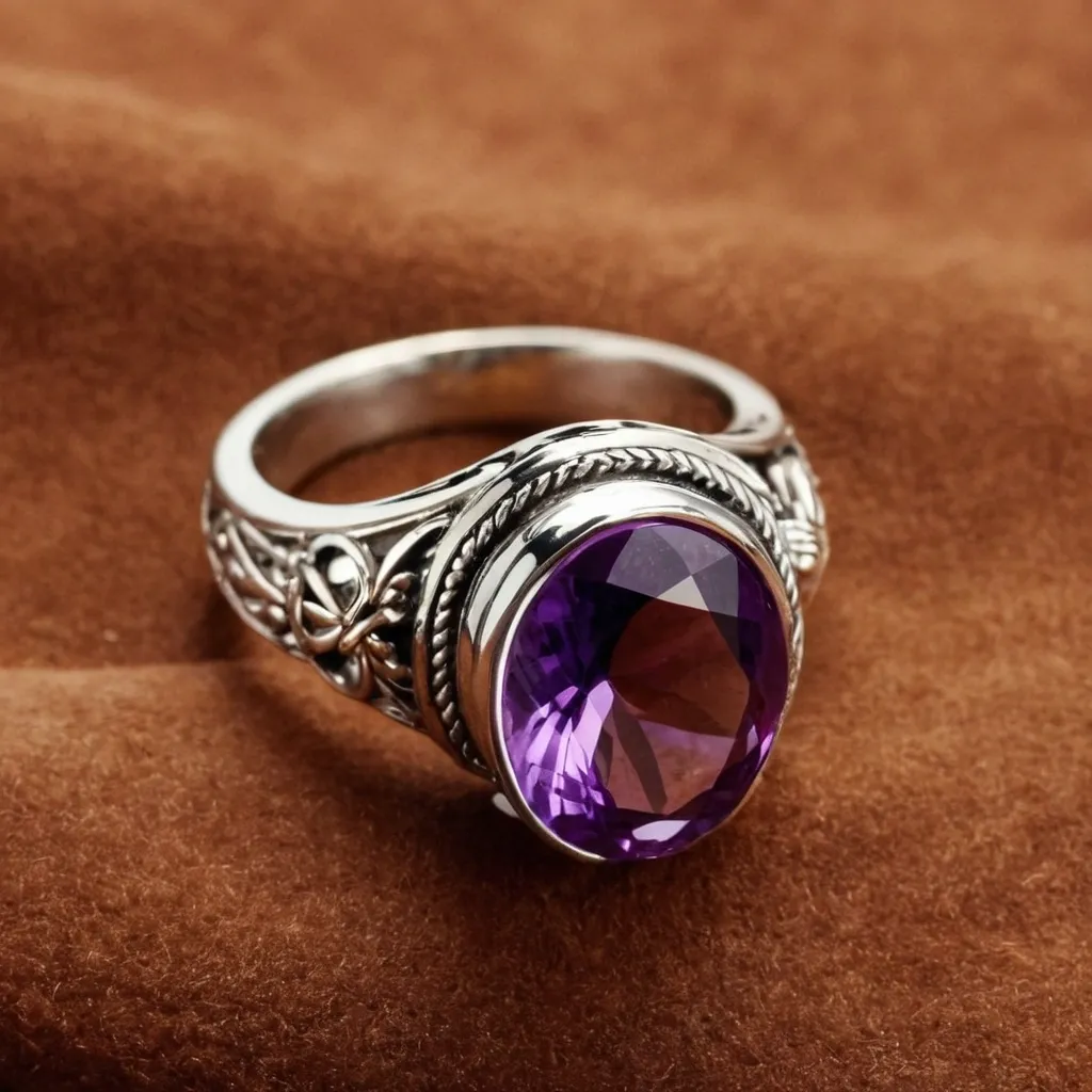 detailed photo of silver ring with purple gem