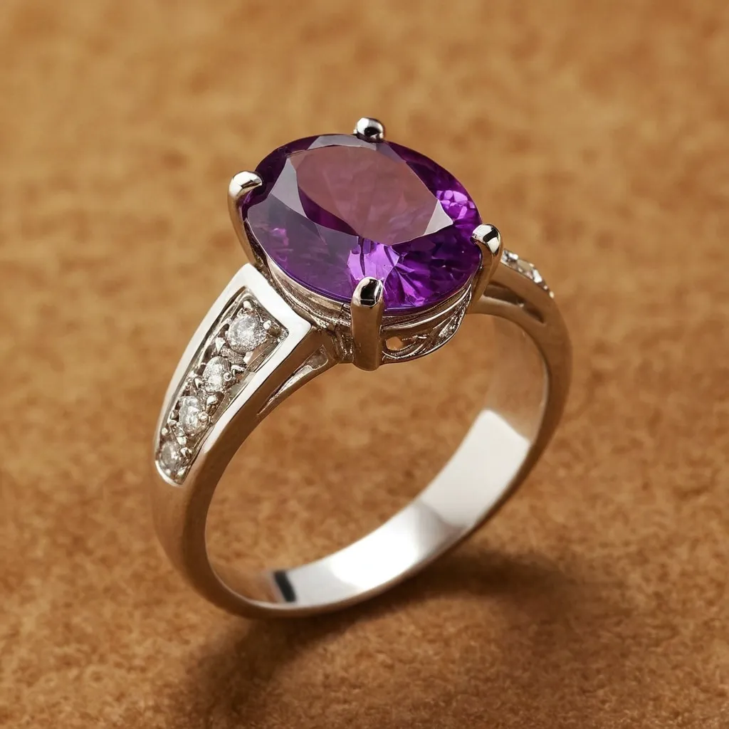 detailed photo of silver ring with purple gem