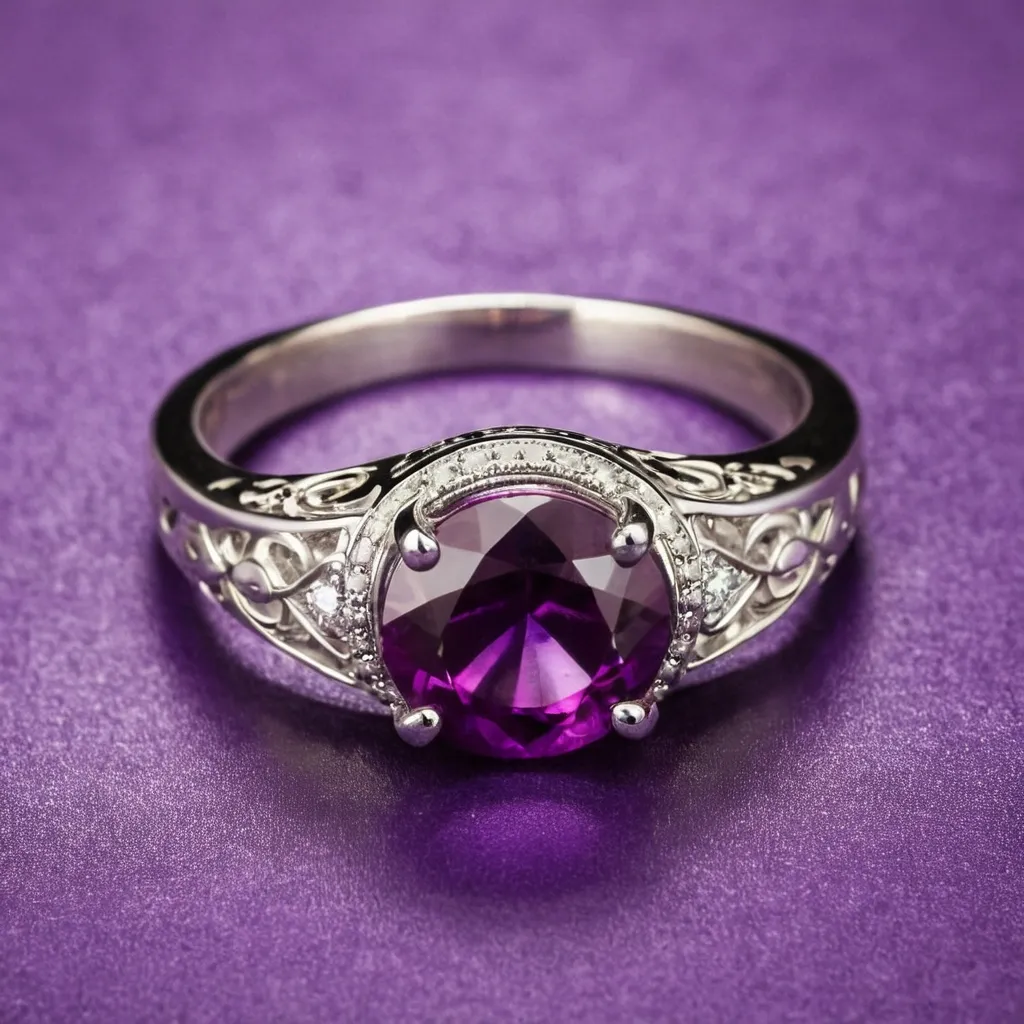 detailed photo of silver ring with purple gem