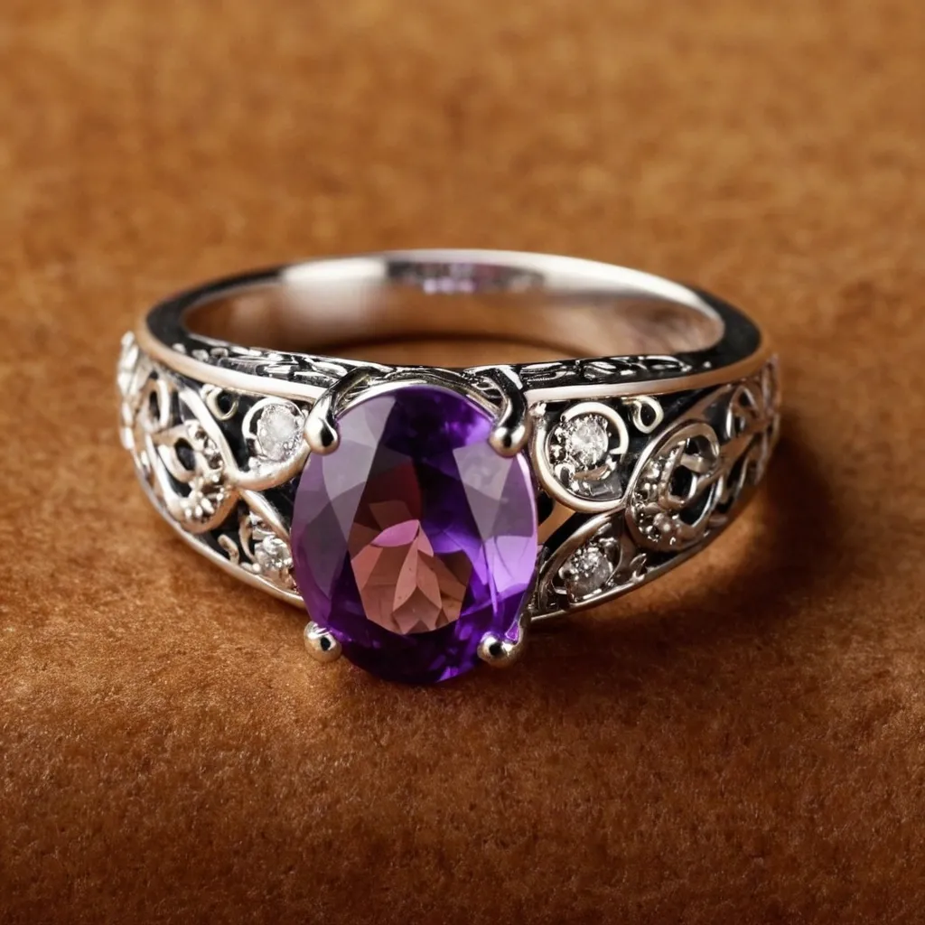 detailed photo of silver ring with purple gem