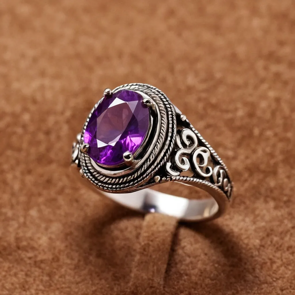 detailed photo of silver ring with purple gem