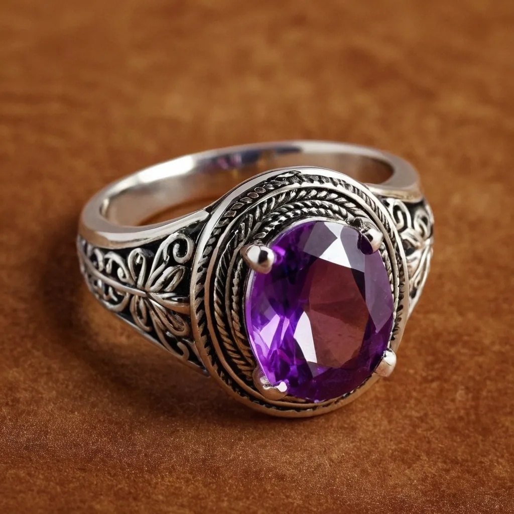 detailed photo of silver ring with purple gem