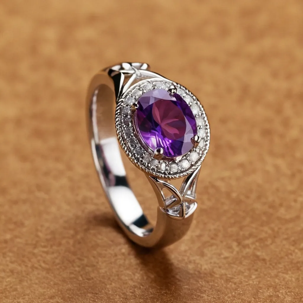 detailed photo of silver ring with purple gem