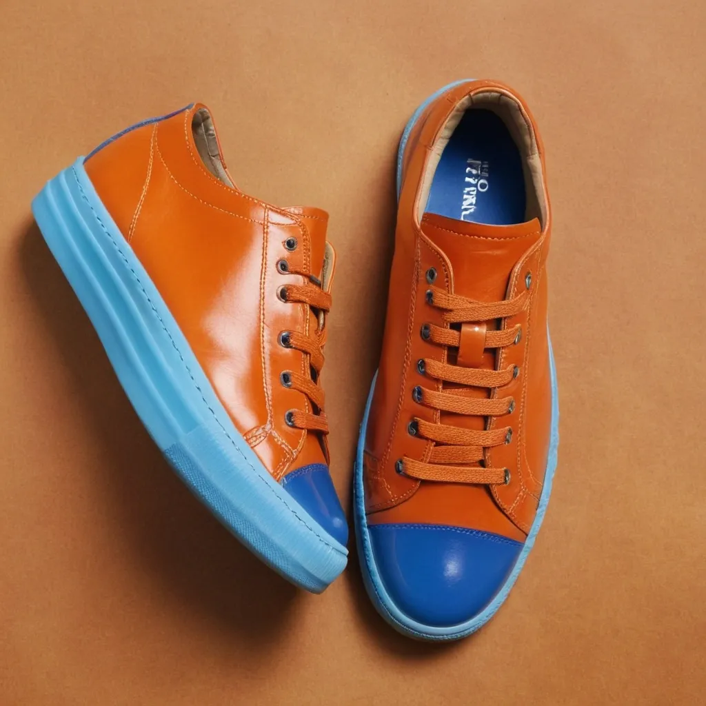 detailed photo of orange sneakers blue sole