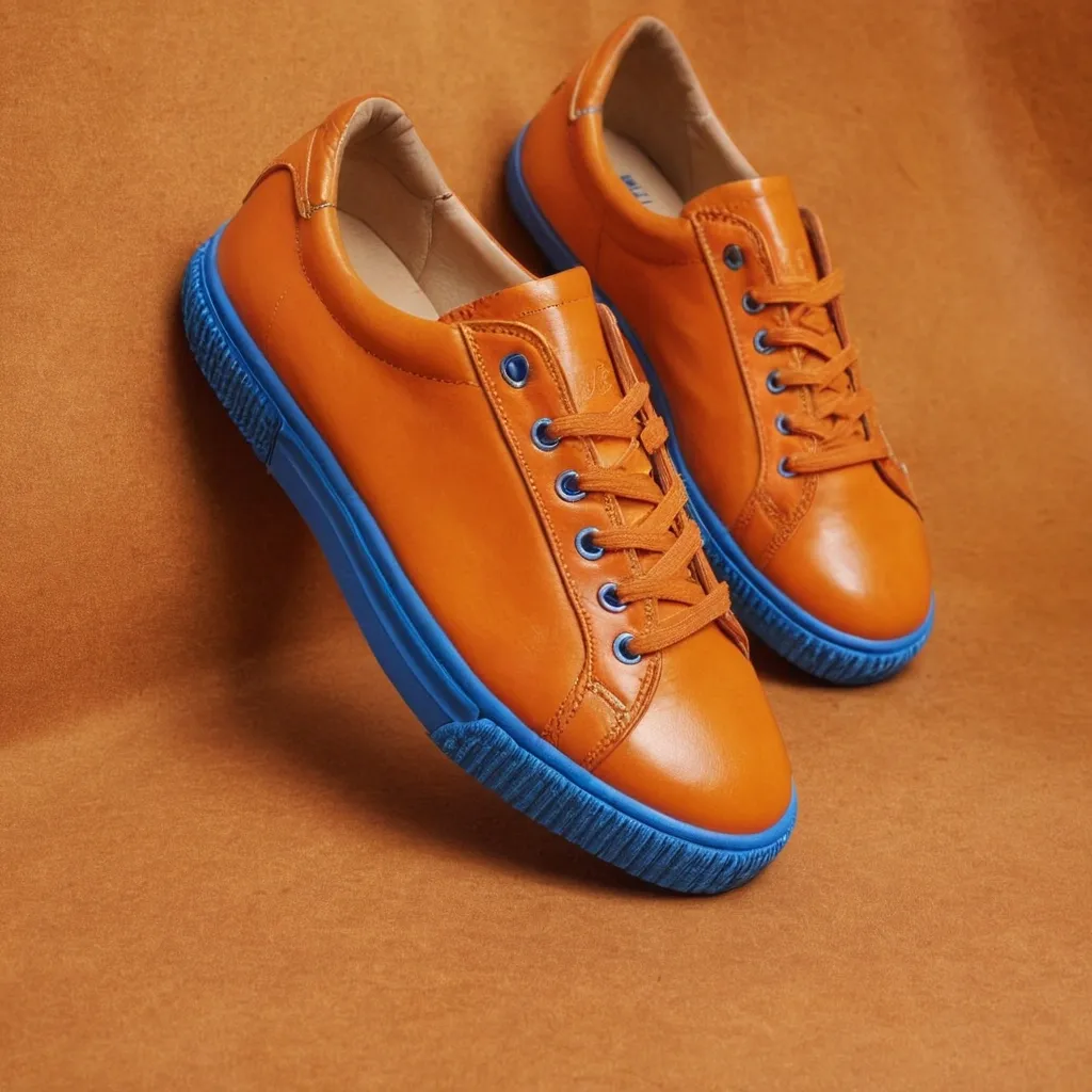 detailed photo of orange sneakers blue sole