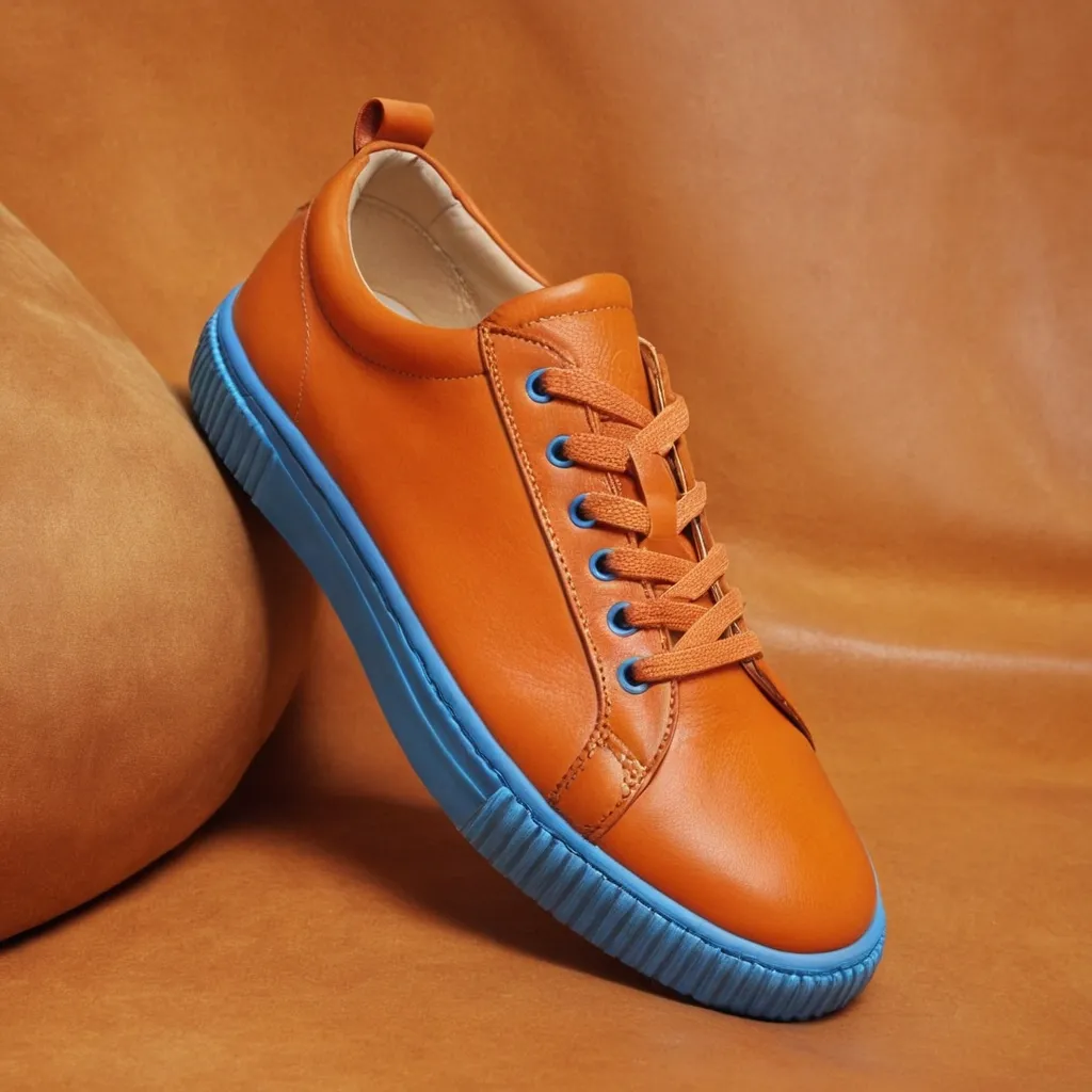 detailed photo of orange sneakers blue sole