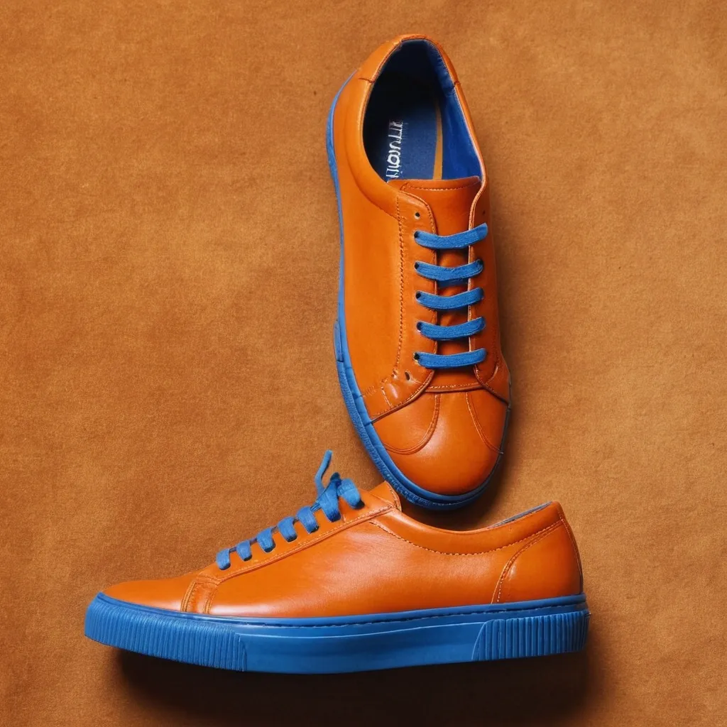 detailed photo of orange sneakers blue sole