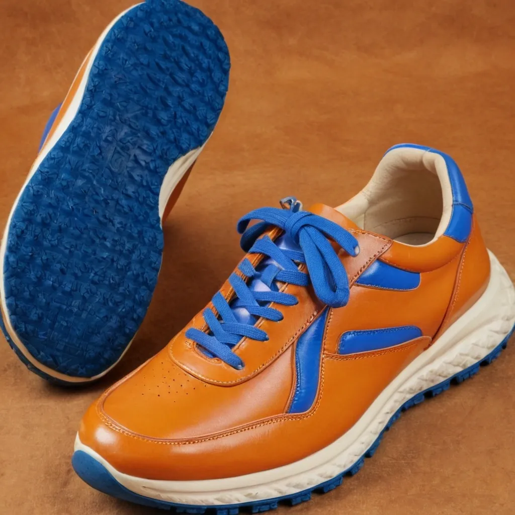 detailed photo of orange sneakers blue sole
