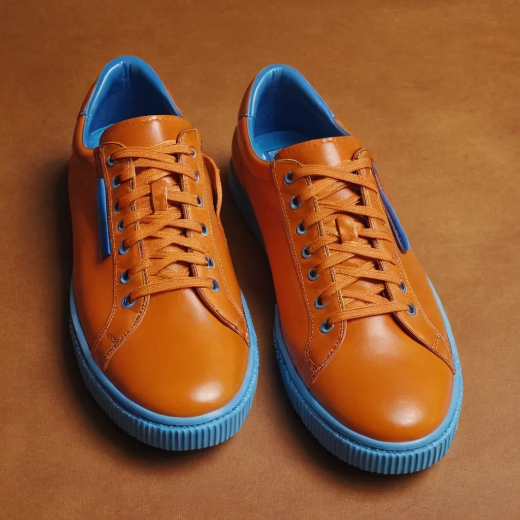 detailed photo of orange sneakers blue sole